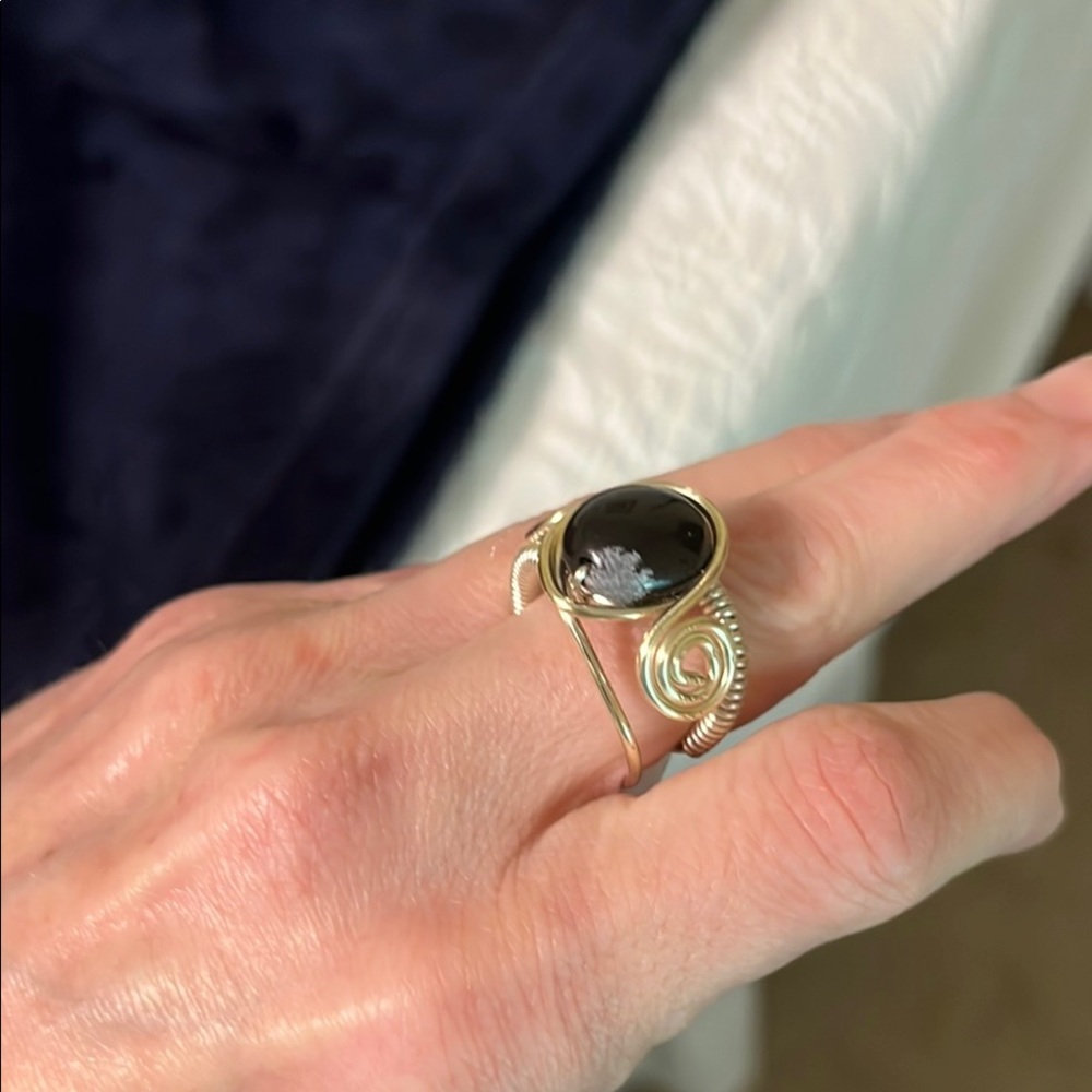 Silver ring Black Onyx Statement Ring with Decorative Band
